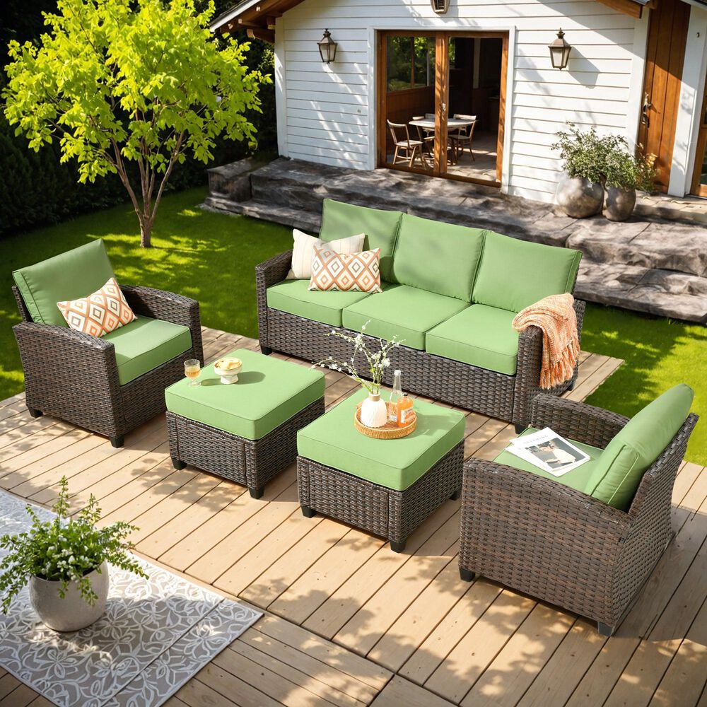 HOMLUX 5-Piece Patio Conversation Set with Brown Wicker in Green, , large