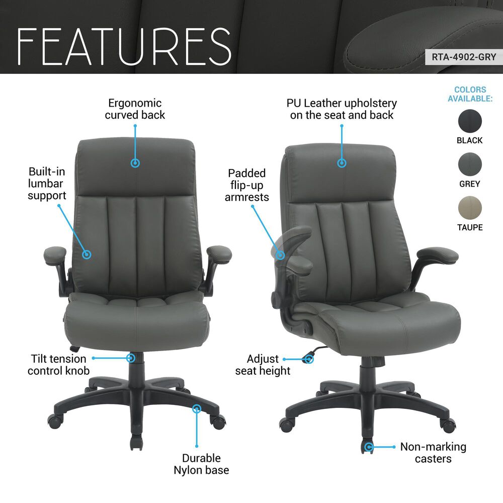 Rta Products Llc Ultra-Padded Executive Office Chair with Flip-Up Armrests in Grey, , large