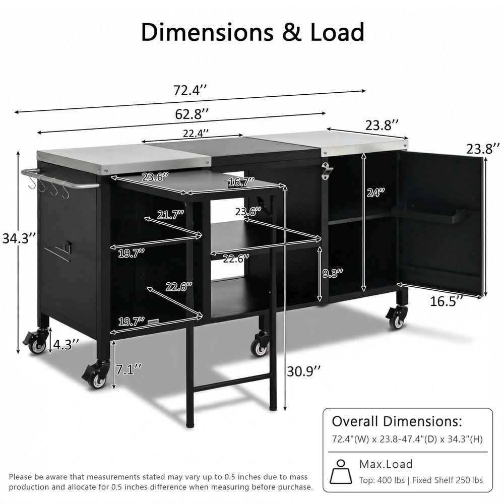 HOMLUX 72.4" Outdoor Kitchen Island with Large Fold-out Prep Table and Adjustable Shelves for Big Green Egg in Black, , large