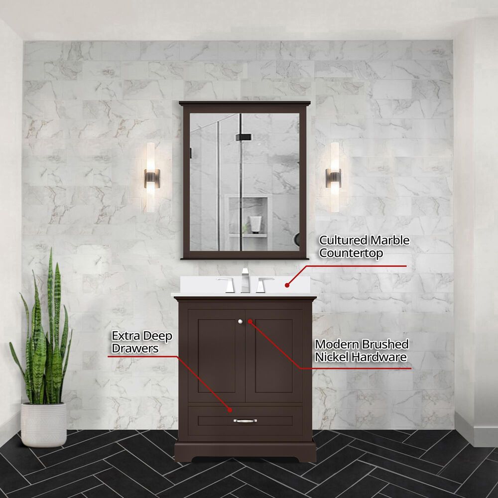 Lexora Home Dukes 30&quot; Single Bathroom Vanity in Espresso with 2 cm White Cultured Marble Top and Rectangular Sink, , large