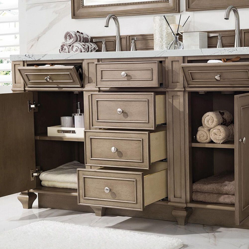 James Martin Vanities Bristol 60&quot; Double Bathroom Vanity in Whitewashed Walnut with 3 cm Ethereal Noctis Quartz Top and Rectangular Sinks, , large