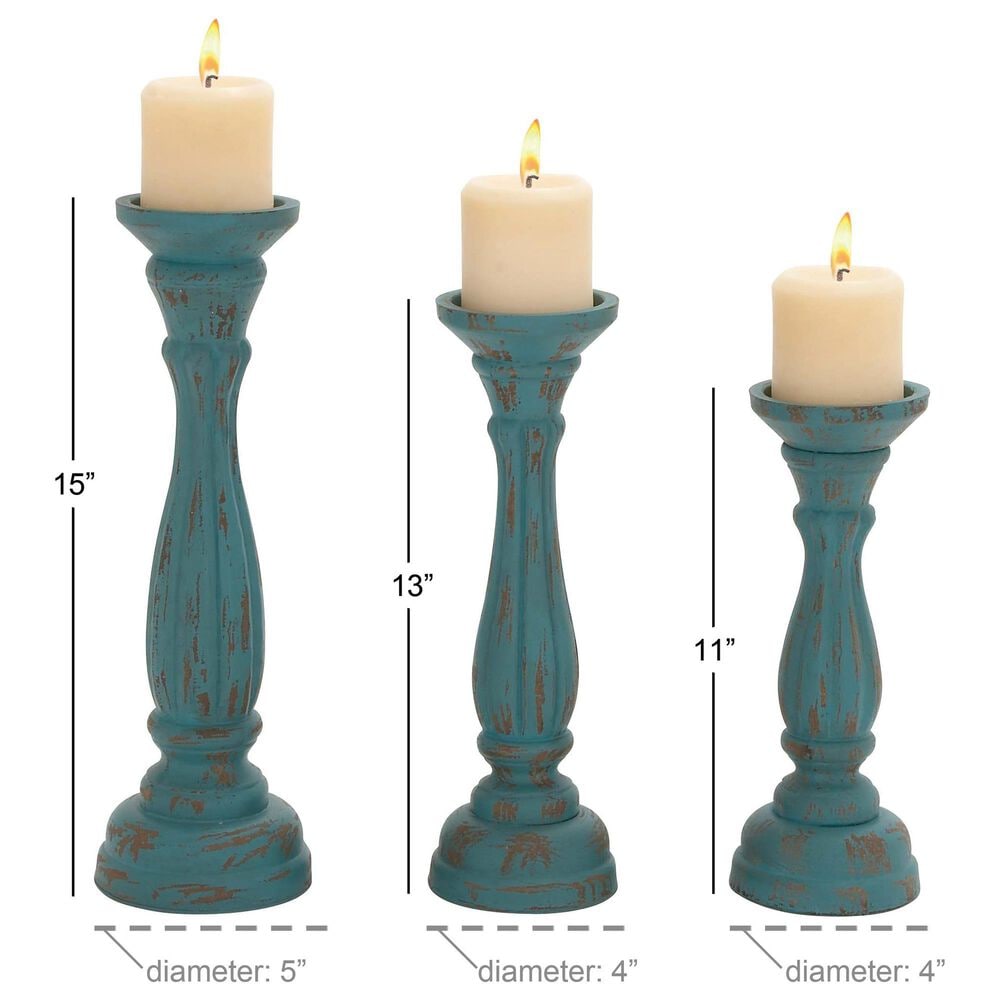 Maple and Jade Turned Pillar Decorative Candle Holder in Distressed Blue and Brown &#40;Set of 3&#41;, , large