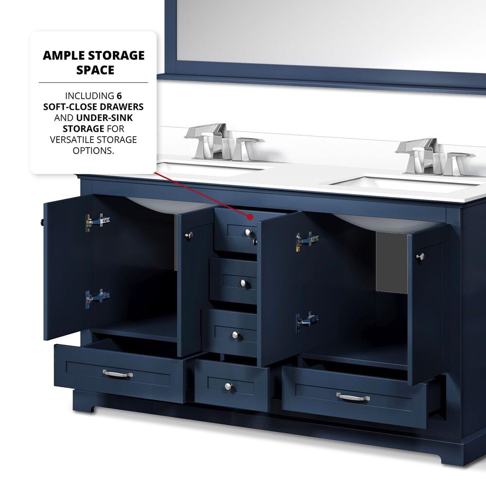 Lexora Home Dukes 60&quot; Double Bathroom Vanity in Navy Blue with 2 cm White Cultured Marble Top and Rectangular Sinks, , large