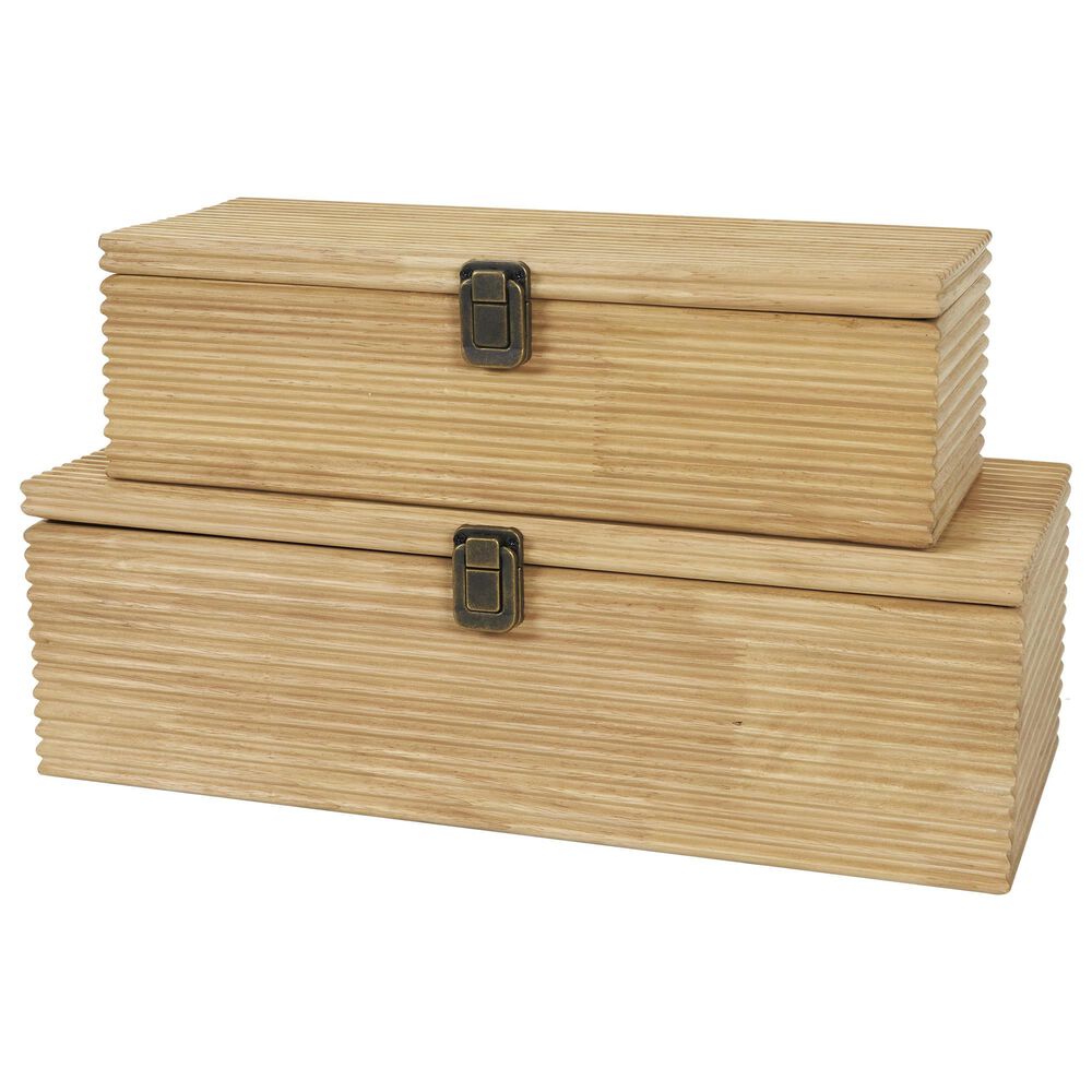 Maple and Jade 2-Piece Carved Linear Decorative Box Set in Light Brown, , large