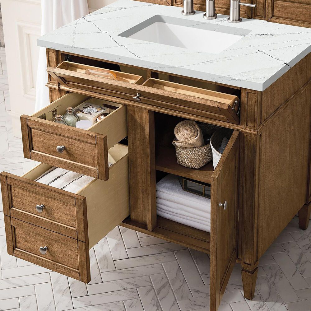 James Martin Vanities Brittany 36&quot; Single Bathroom Vanity in Saddle Brown with 3 cm Ethereal Noctis Quartz Top and Rectangular Sink, , large