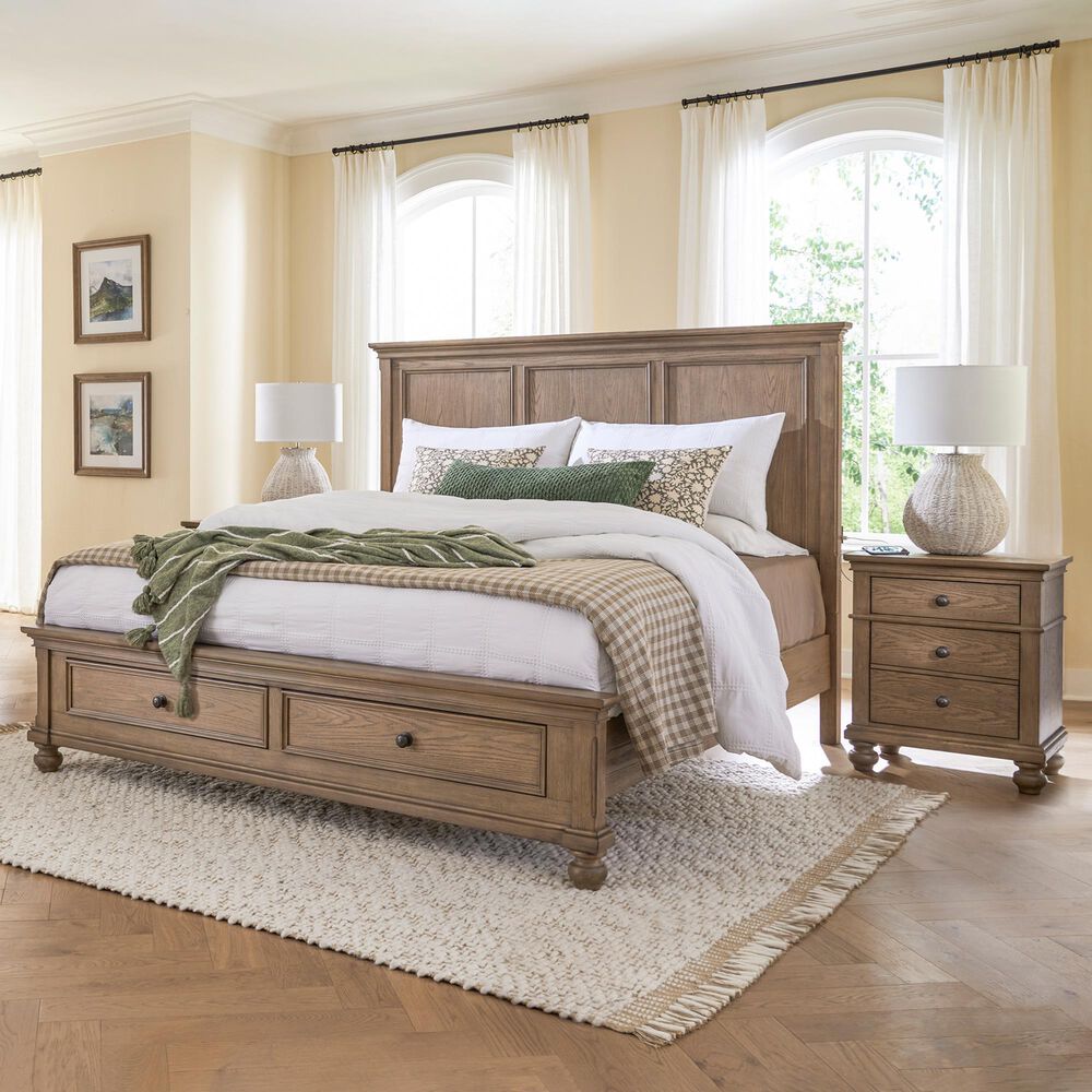 Riva Ridge Oxford California King Panel Storage Bed with Two Nightstands in Tan with USB Ports, , large