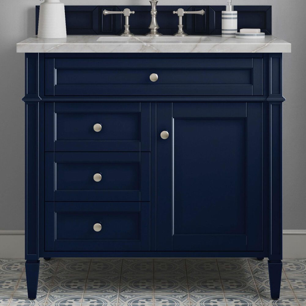 James Martin Vanities Brittany 36" Single Bathroom Vanity in Victory Blue with 3 cm Victorian Silver Quartz Top and Rectangular Sink, , large