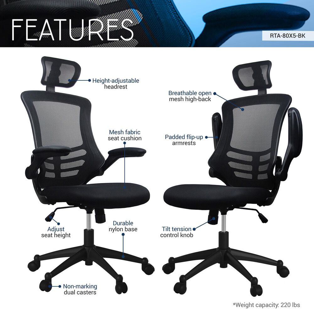 Rta Products Llc Modern High-Back Mesh Executive Office Chair with Headrest and Flip-Up Arms in Black, , large