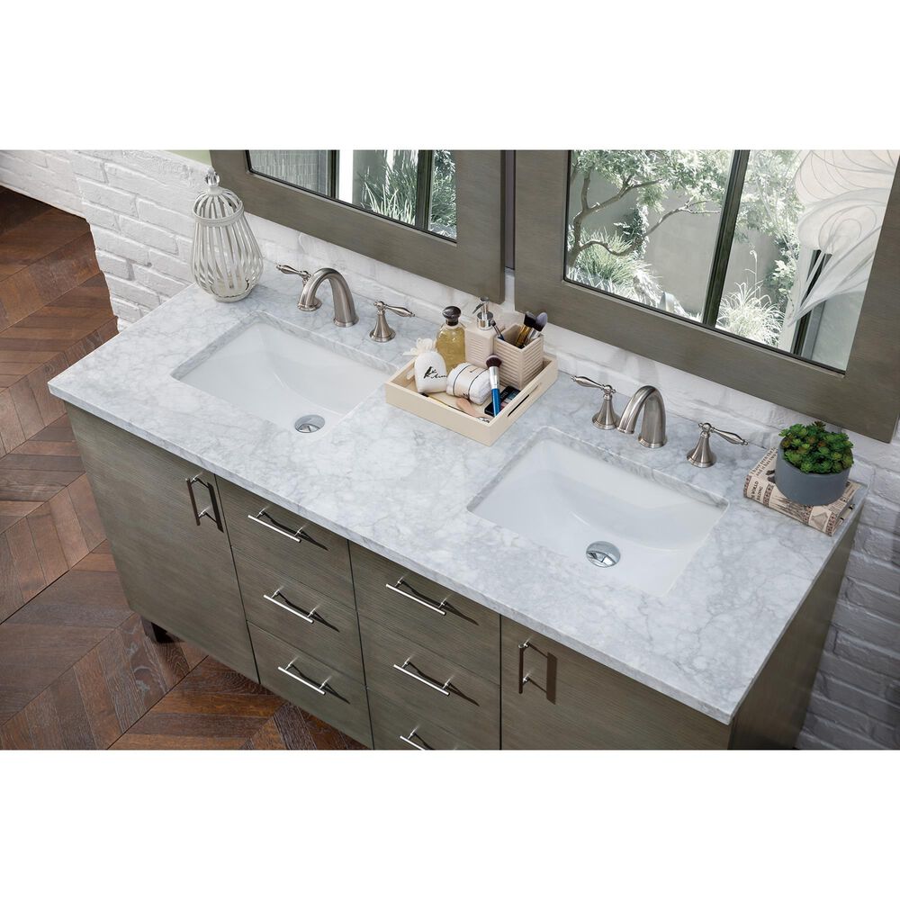James Martin Metropolitan 60" Double Bathroom Vanity in Silver Oak with 3 cm Carrara White