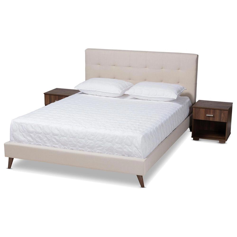 Baxton Studio Maren 3 Piece Full Upholstered Platform Bed Set in Beige/Walnut, , large