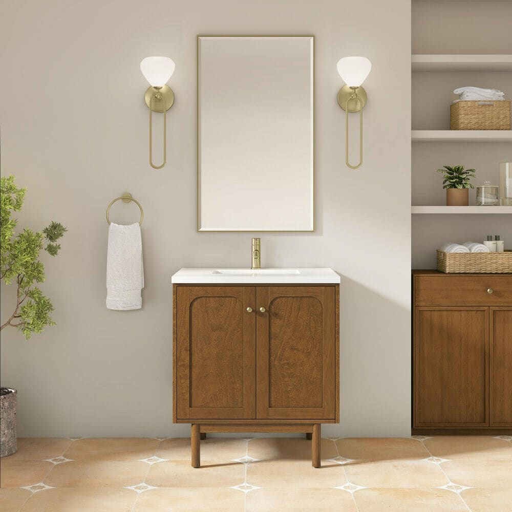 James Martin Laurent 30" Single Bathroom Vanity in Honey Oak with Single Hole 3 cm White Zeus Silestone Top and Rectangular Sink, , large