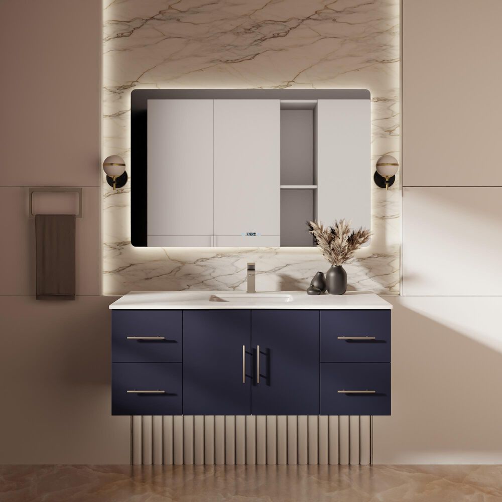 Lexora Home Geneva 48&quot; Single Bathroom Vanity in Navy Blue with 2 cm White Quartz Top and Rectangular Sink, , large