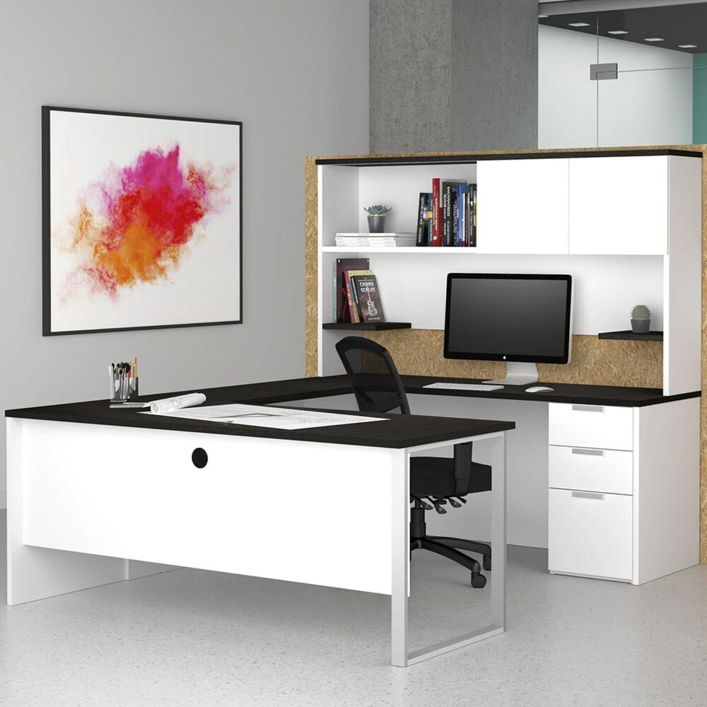 Bestar Pro-Concept Plus U-Desk with Hutch in White and Deep Grey, , large