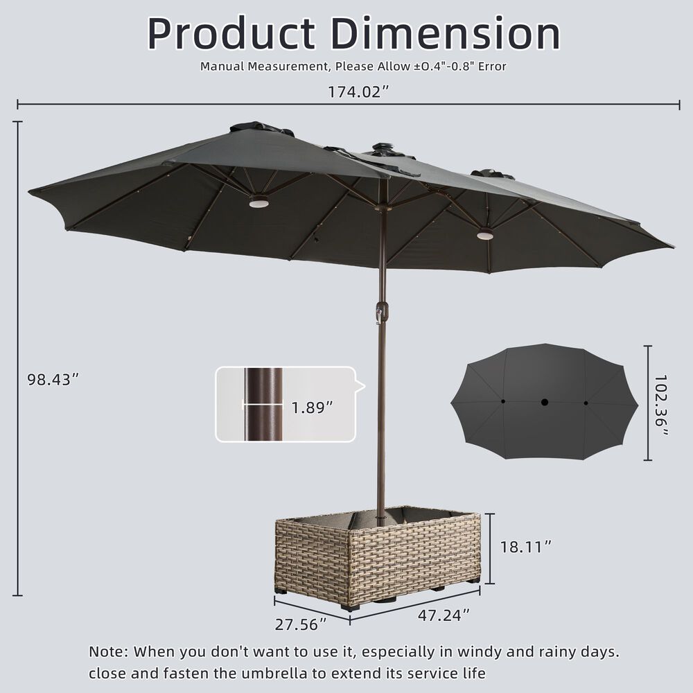 HOMLUX 2-Piece 14.5 ft Patio Umbrella and All-weather Rattan Rectangular Coffee Table Outdoor Set in Dark Gray, , large