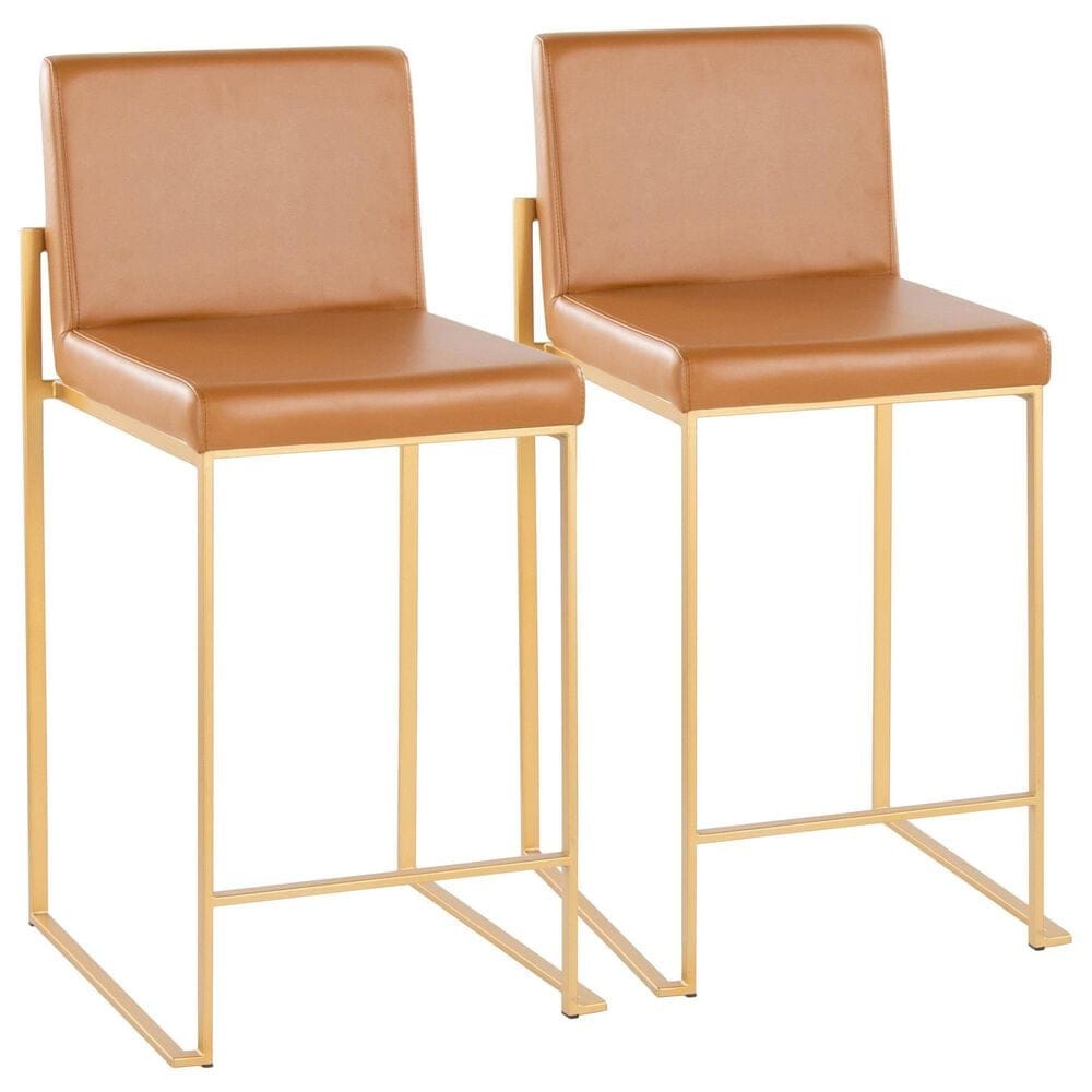 Lumisource Fuji High Back Counter Stool with Camel Faux Leather Cushion in Gold (Set of 2), , large
