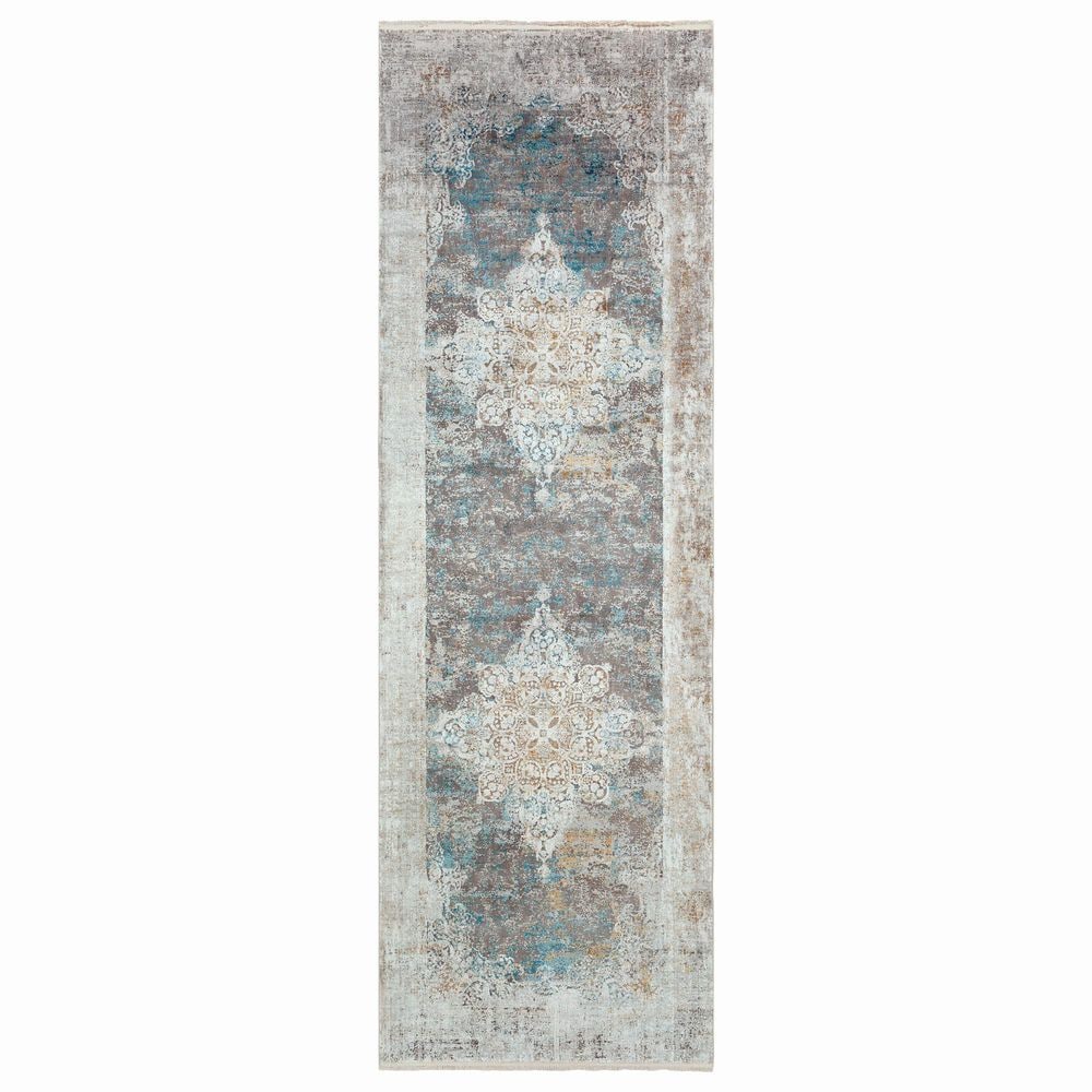 Surya Solar 3" x 9"10" Sky Blue, Charcoal, Light Gray, White and Saffron Runner, , large
