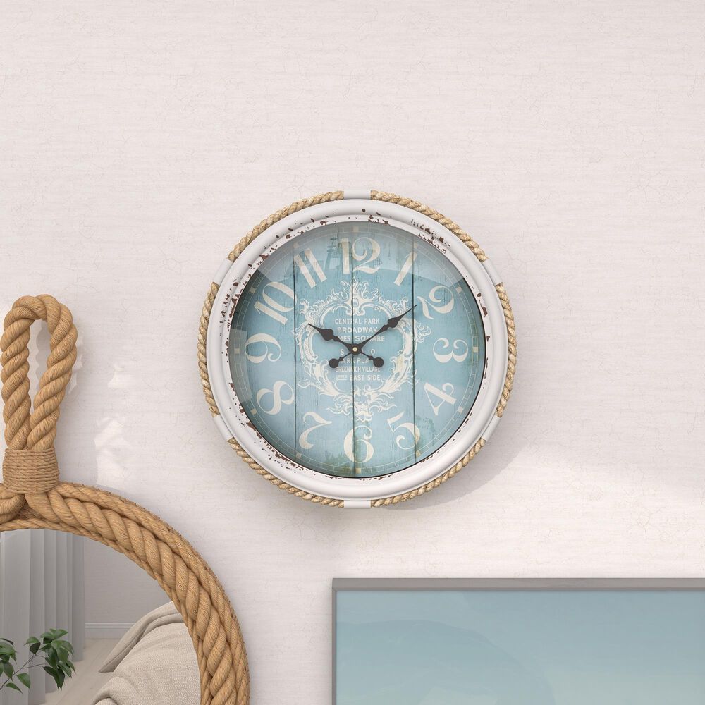 Maple and Jade 17&quot; Wall Clock in Distressed White and Blue, , large