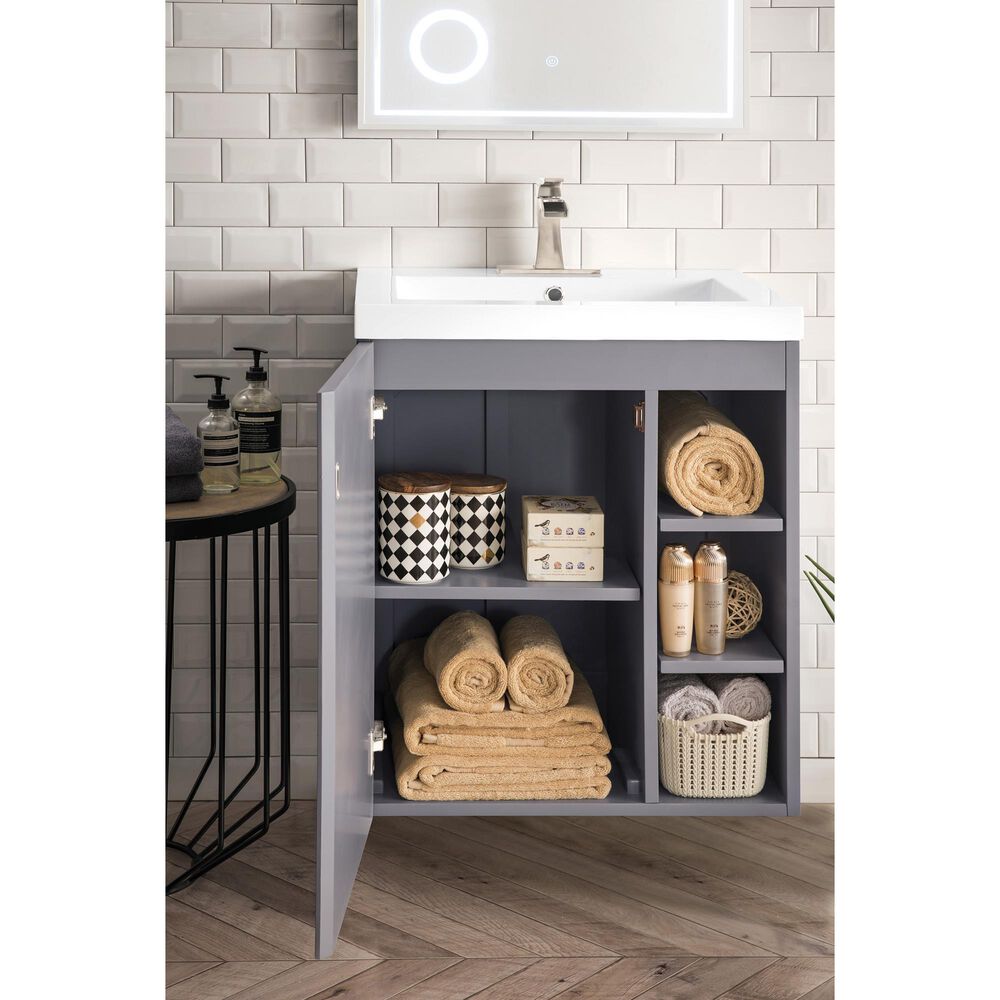 James Martin Vanities Alicante 24&quot; Single Bathroom Vanity in Grey Smoke with 5 cm White Glossy Resin Top and Rectangular Sink, , large