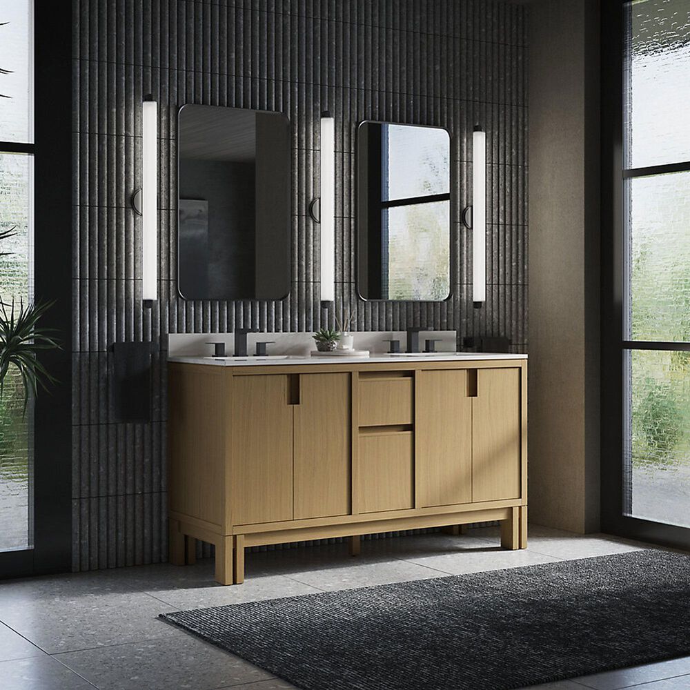 Kohler Solive 60" Double Bathroom Vanity in Light Oak with 2 cm White Quartz Top and Rectangular Sinks, , large