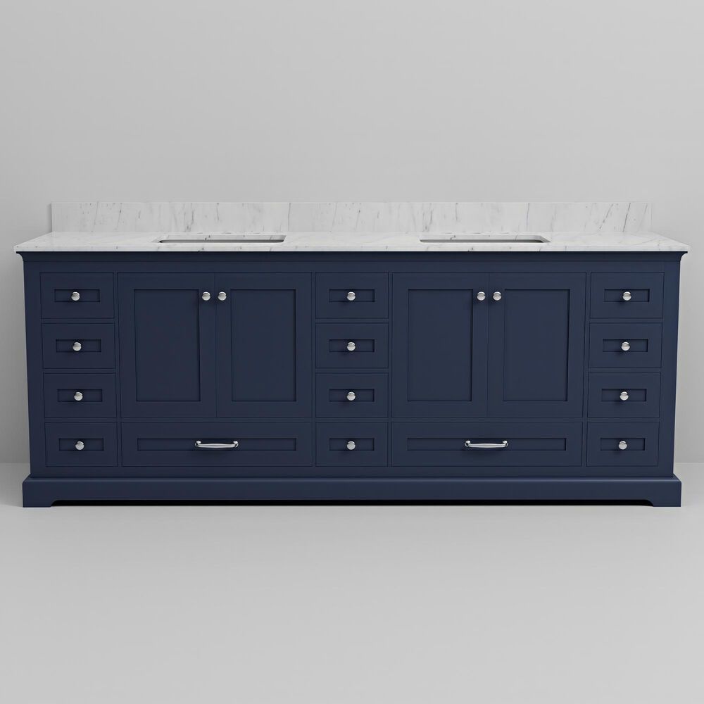 Lexora Home Dukes 84&quot; Double Bathroom Vanity in Navy Blue with 2 cm White Carrara Marble Top and Rectangular Sinks, , large