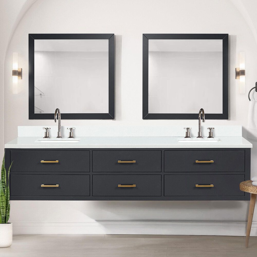 Lexora Home Castor 84&quot; Double Bathroom Vanity in Black with 2 cm White Quartz Top and Rectangular Sinks, , large