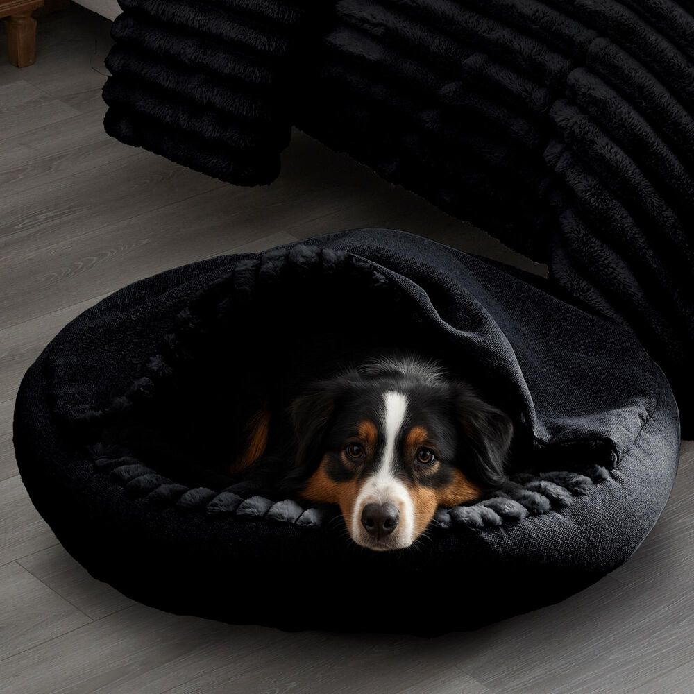 Hallmart Collectibles Hooded Large Round Cuddler Pet Bed in Black, , large