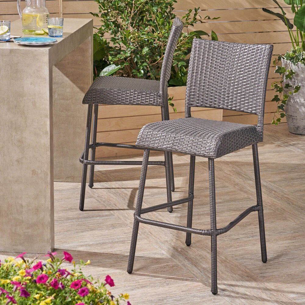 Hearth and Haven Outdoor Rattan Armless Barstool in Grey (Set of 2), , large