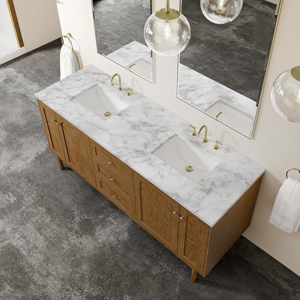 James Martin Laurent 72" Double Bathroom Vanity in Honey Oak with 3 cm Carrara Marble Top and Rectangular Sinks, , large