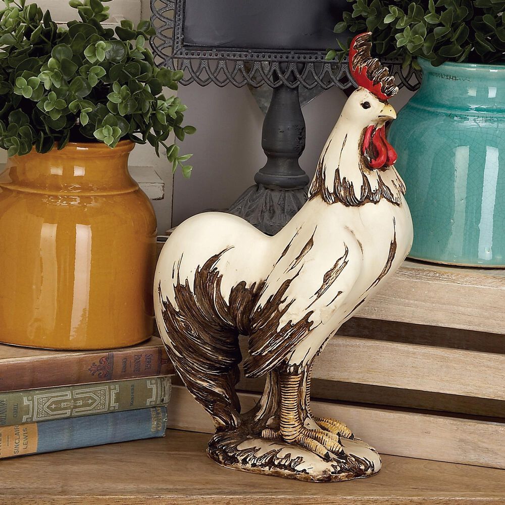 Maple and Jade 15&quot; Farmhouse Rooster Garden Sculpture in Distressed White, Red, Yellow and Brown, , large