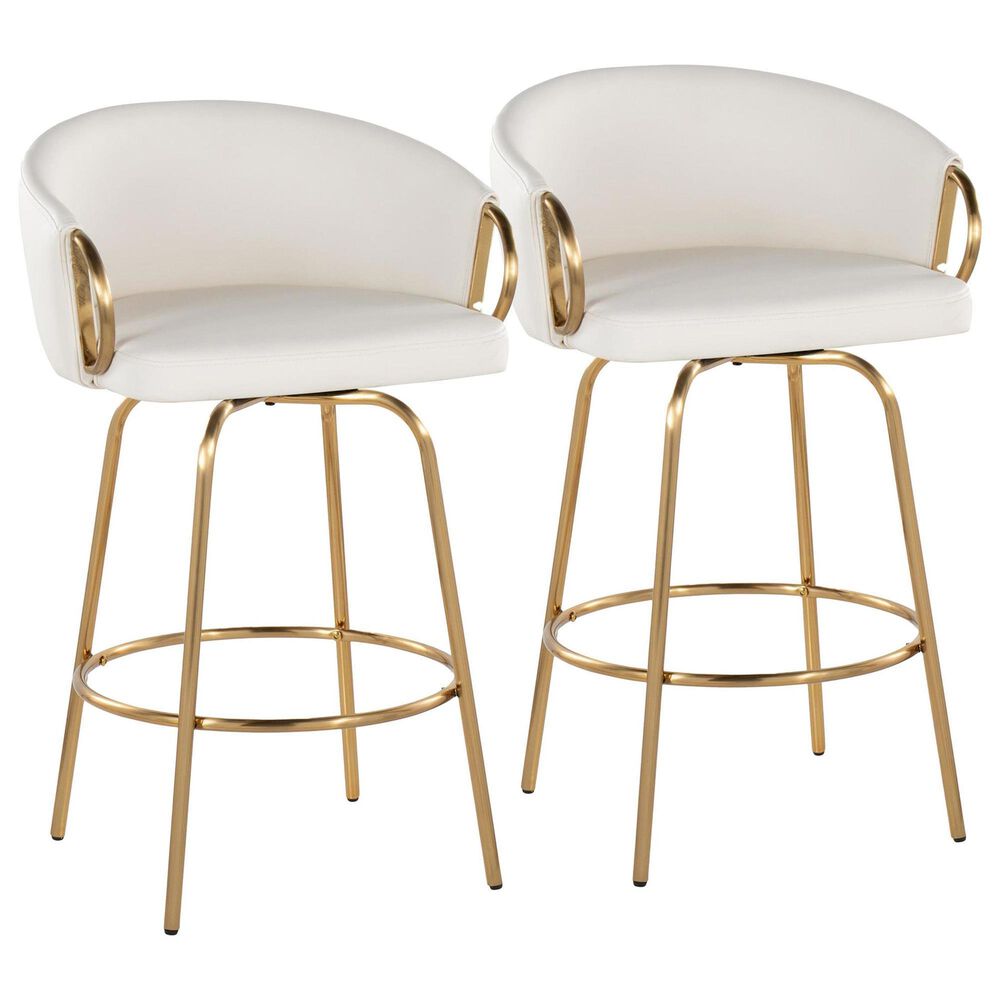 LumiSource Claire Swivel Counter Stool with White Faux Leather Upholstery in Gold (Set of 2), , large