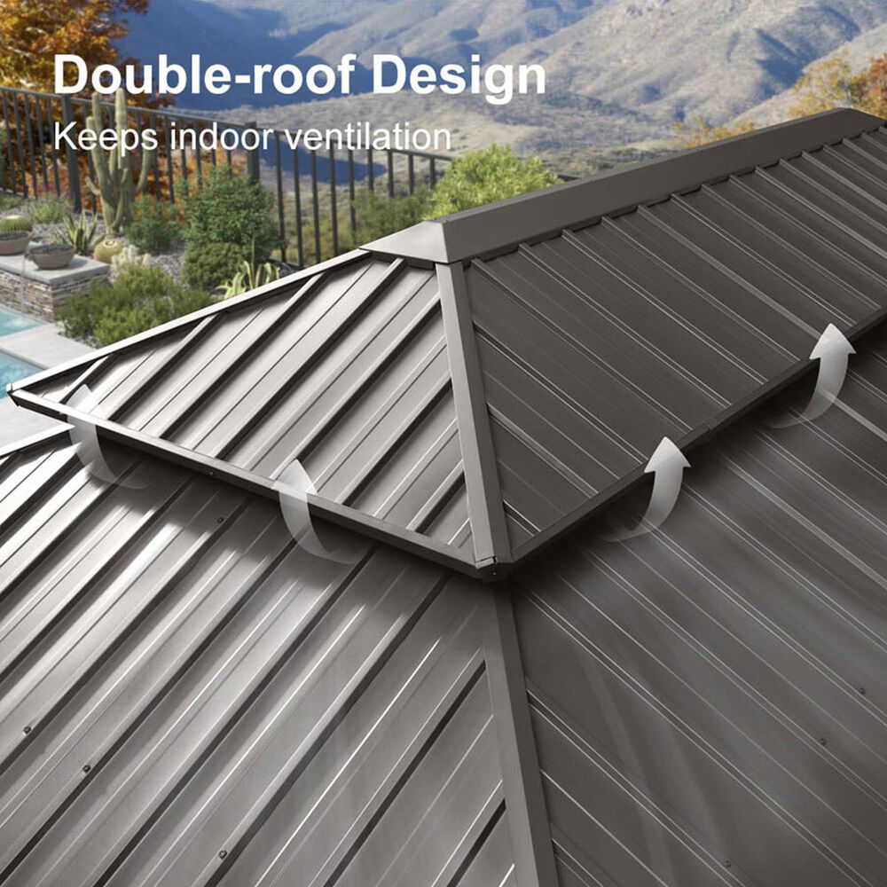 HOMLUX 12' x 16' Outdoor Hardtop Gazebo with Galvanized Steel Roof, Aluminum Frame, Curtains &amp; Netting in Brown, , large