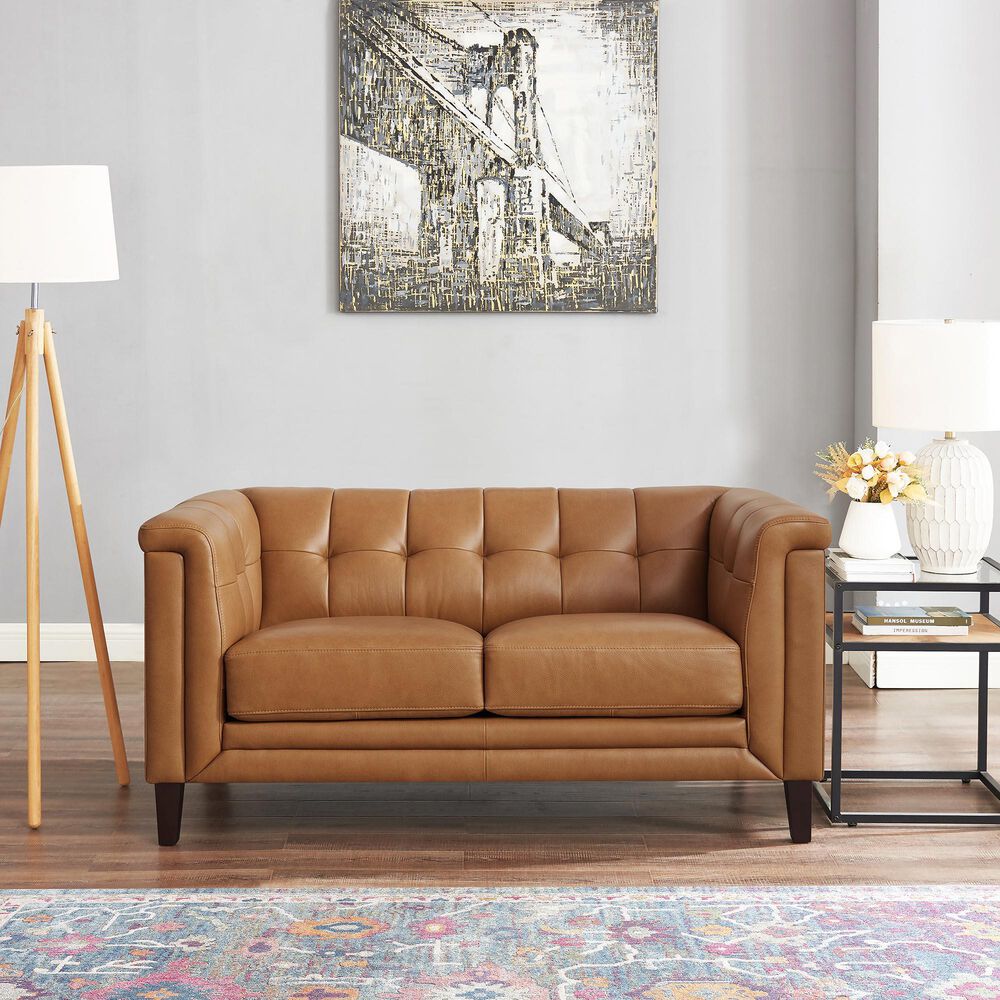 Hydeline Arvo Stationary Leather Loveseat in Cognac Brown, , large