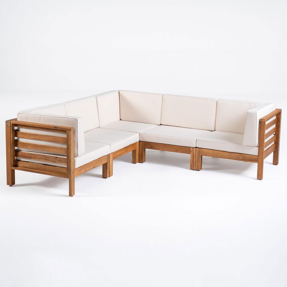 Noble House Kaena 5-Piece Stationary Patio L-Shaped Sectional Sofa Set in Beige, , large