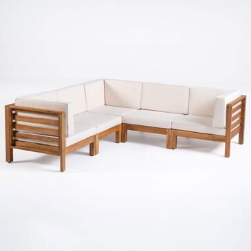 Noble House Kaena 5-Piece Stationary Patio L-Shaped Sectional Sofa Set in Beige, , large