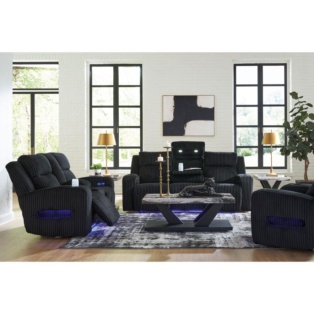 Ashley Forest Lake Power Reclining Sofa with Adjustable Headrest in Black Velvet, , large
