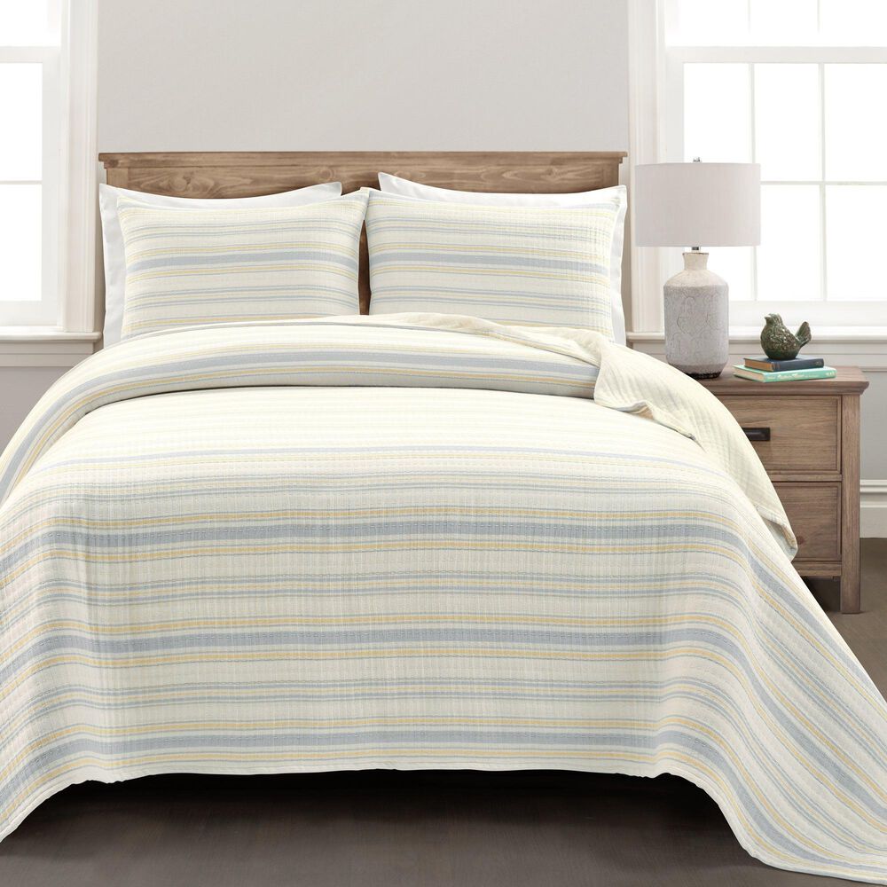 Triangle Home Fashions Solange Stripe 3-Piece Queen Quilt Set in Yellow and Gray, , large
