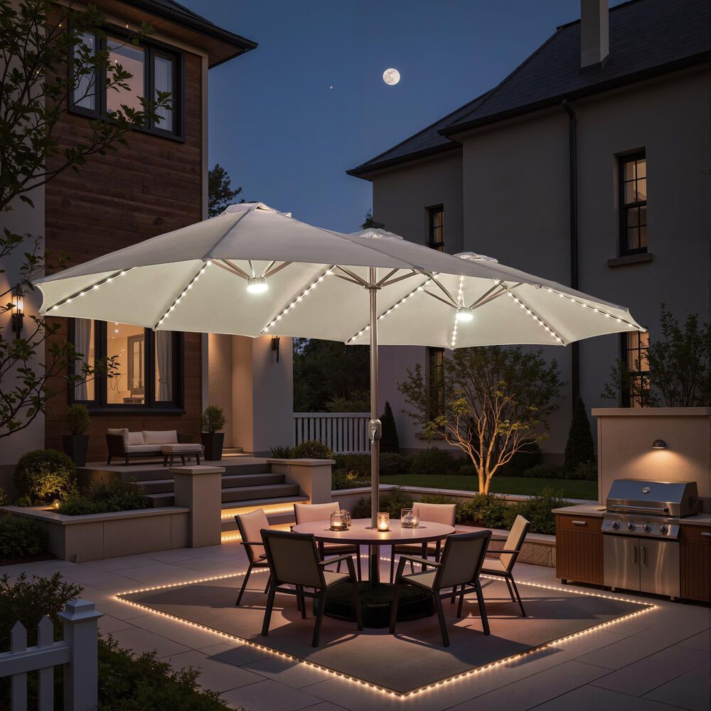 HOMLUX 15' Double-Sided Outdoor Market Umbrella with Sandbag Base and RGB LED Lights in White, , large