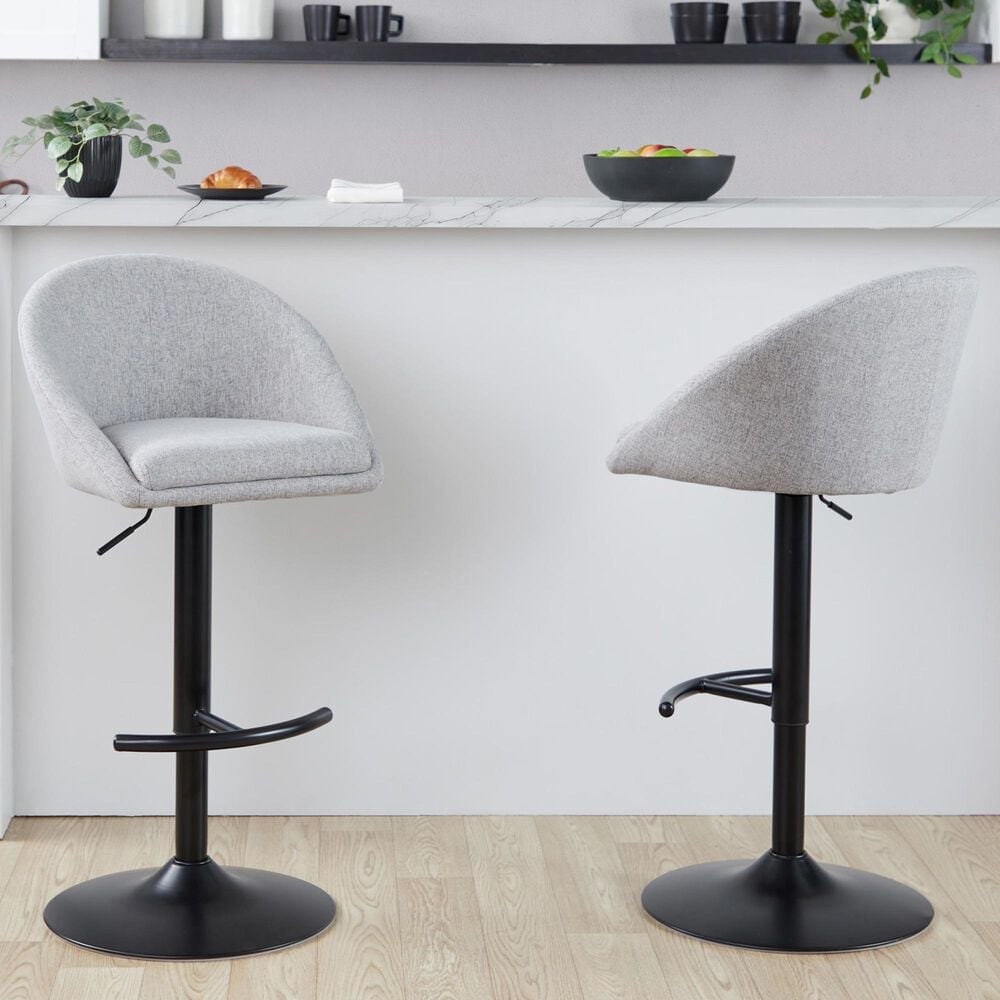 LumiSource Matisse Adjustable Swivel Barstool with Grey Fabric Upholstery in Black (Set of 2), , large