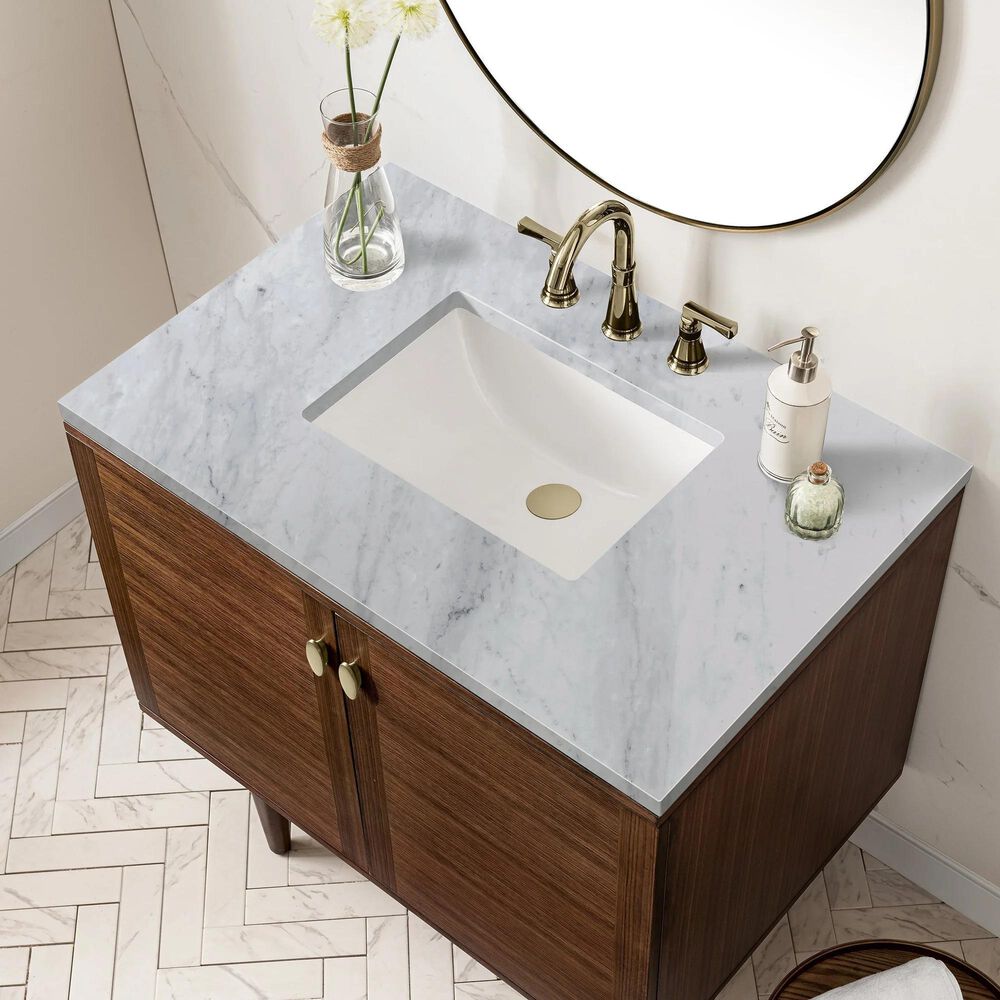James Martin Vanities Amberly 36&quot; Single Bathroom Vanity in Walnut with 3 cm Carrara White Marble Top and Rectangular Sink, , large