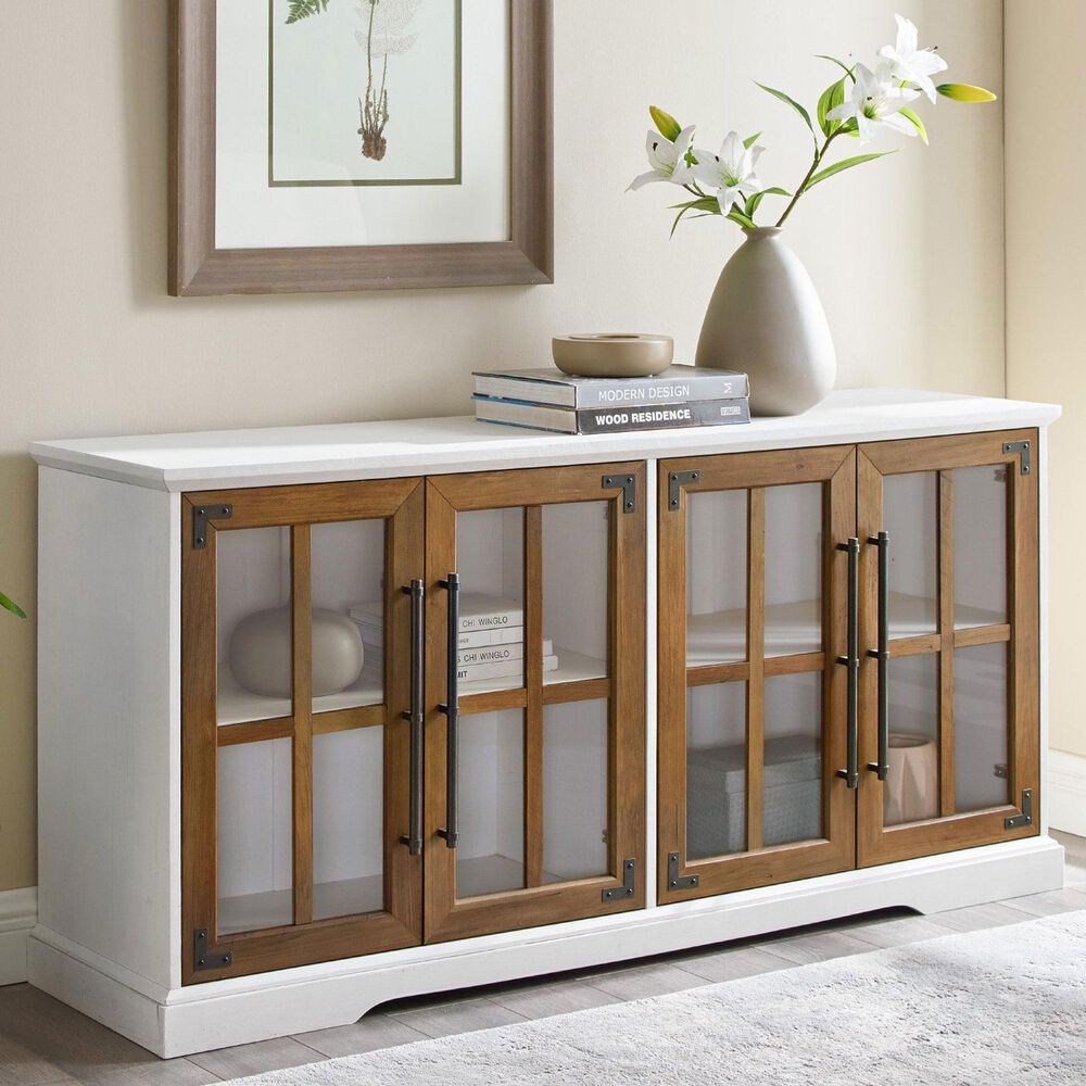 Walker Edison Abigail 58&quot; TV Stand in Brushed White/Rustic Oak, , large