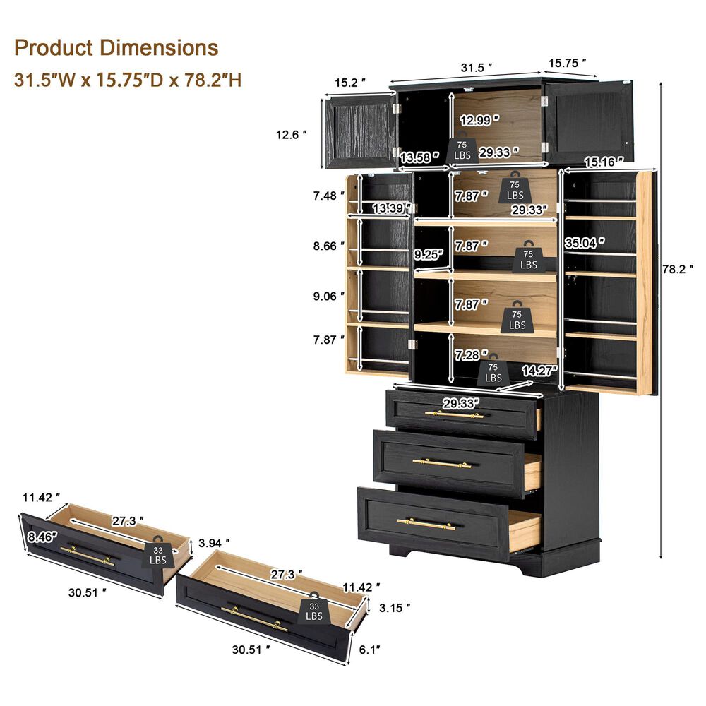 HOMLUX 78.2" Tall Farmhouse Kitchen Pantry Cabinet with 8 Door Shelves, Storage Cabinet with 3 Adjustable Shelves, 3 Large Drawers, Versatile Cupboard for Kitchen, Dining &amp; Bathroom, Ash Black, , large