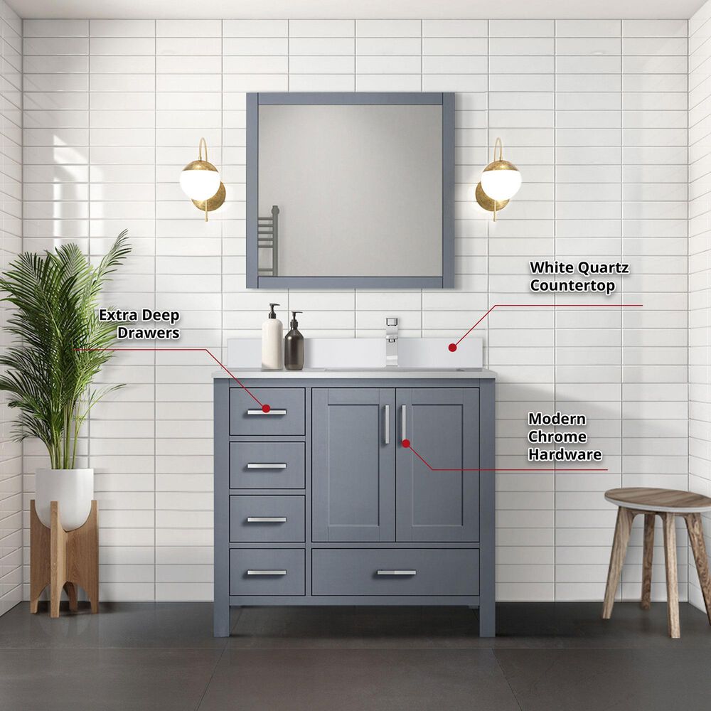 Lexora Home Jacques 36&quot; Right Offset Single Bathroom Vanity in Dark Grey with 2 cm White Quartz Top and Rectangular Sink, , large