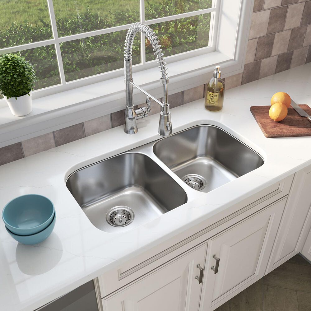 MS International Double Bowl 18-Gauge Stainless Steel Undermount Kitchen Sink, , large