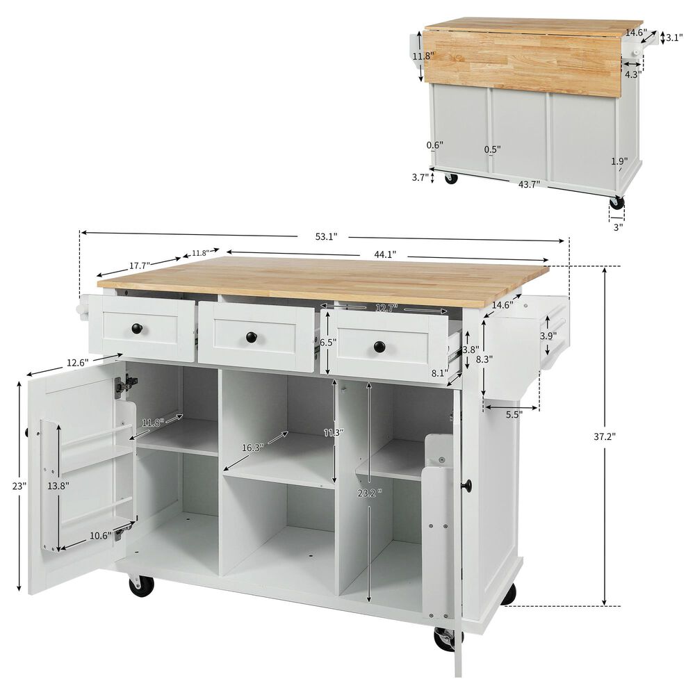 HOMLUX 53" Kitchen Island with Drop-Leaf in White, , large