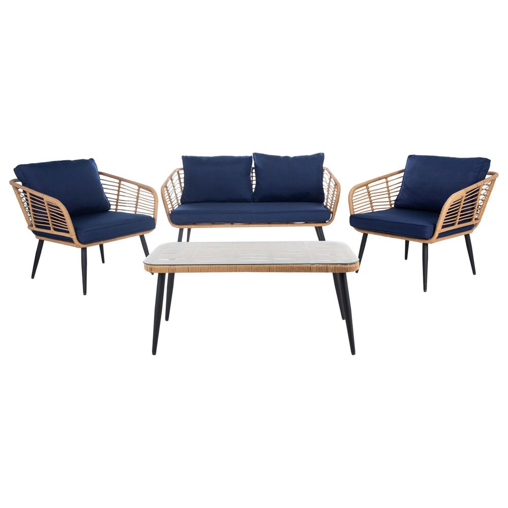 Safavieh Henderson 4-Piece Patio Living Set with Navy Cushion in Natural and Black, , large