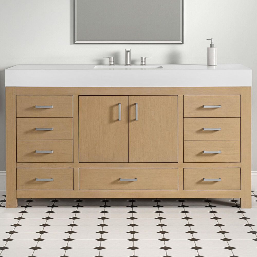 37B Alanya 60" Single Bathroom Vanity in Warm Oak with White Composite Stone Top, , large