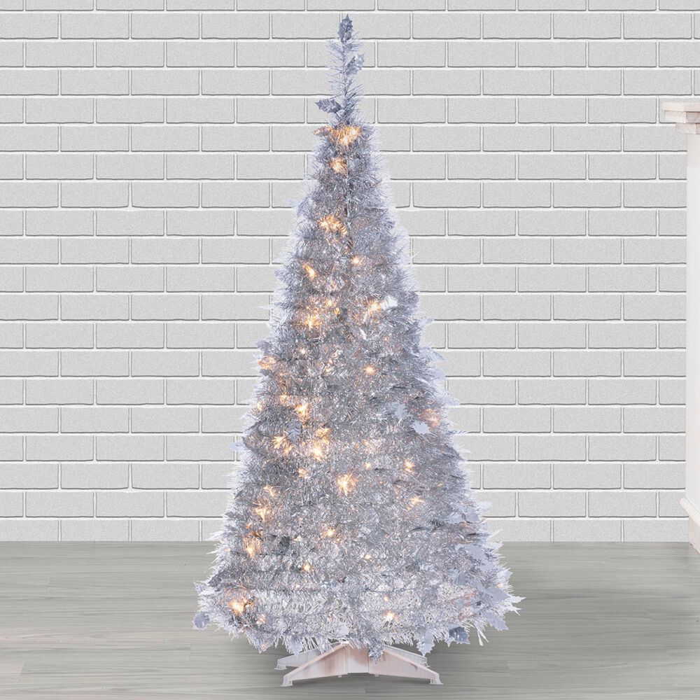 The Gerson Company 4&#39; Pop-Up LED Silver Tinsel Tree with Holly Leaves in Silver, , large