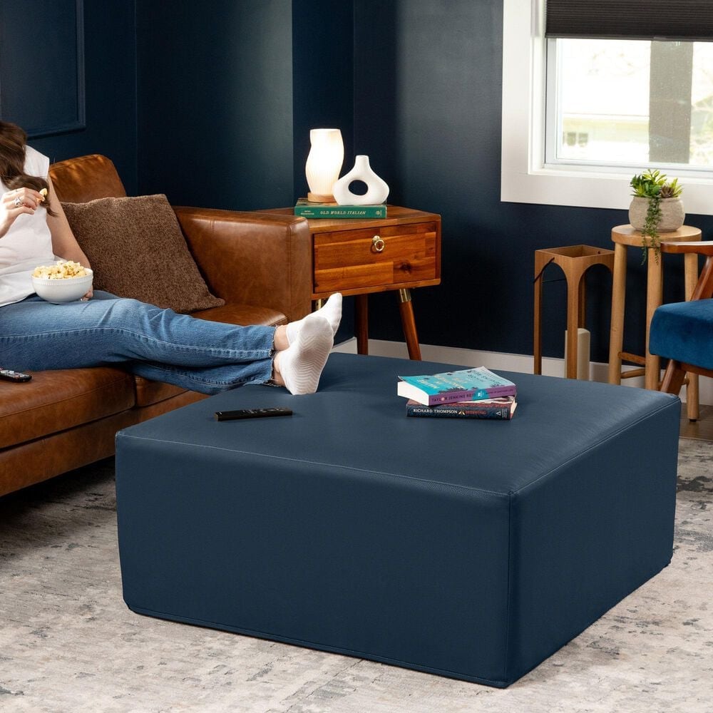 Jaxx Fairlie Faux Leather Ottoman in Oxford Blue, , large