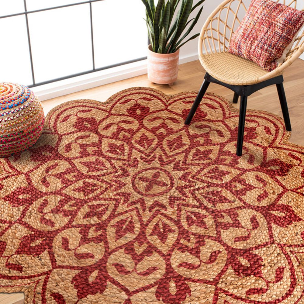 L&amp;R Resources Synergy 54129RED 4&#39; Round Tan and Raspberry Red Area Rug, , large