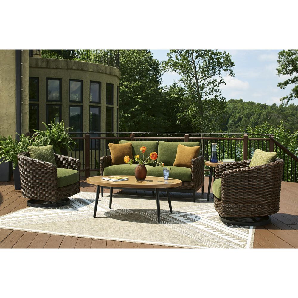 Ashley Horizon Hall Outdoor Loveseat with Green Cushion in Brown, , large